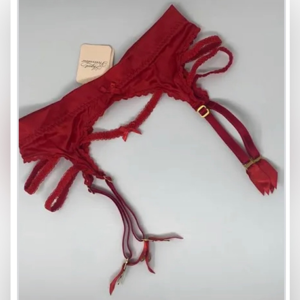 Agent Provocateur Tammi Suspender with champagne and red stockings.